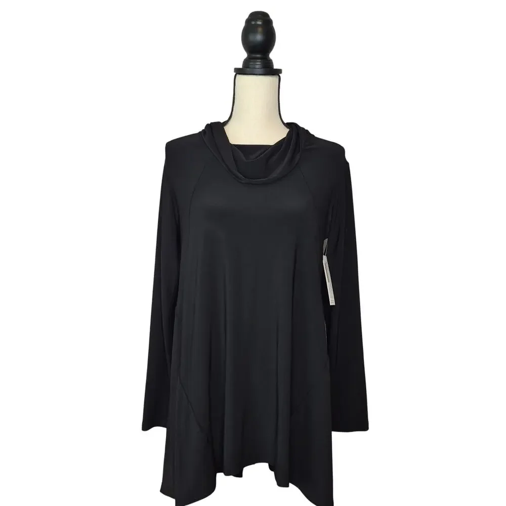 Sympli The Look Tunic Top Black Cowl Neck Asymmetrical Swing Lagenlook Sz 6 NWT - Picture 1 of 11